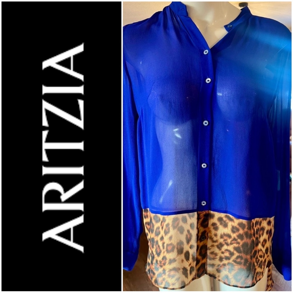 Aritzia Blue Sheer Button-Up Blouse with Leopard Hem